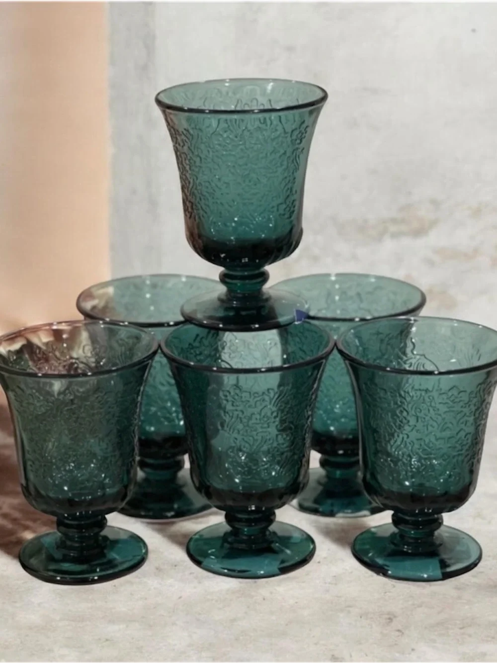 Set of Embossed Teal Glass Goblets